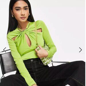 River Island twist front cut out long sleeved top in lime